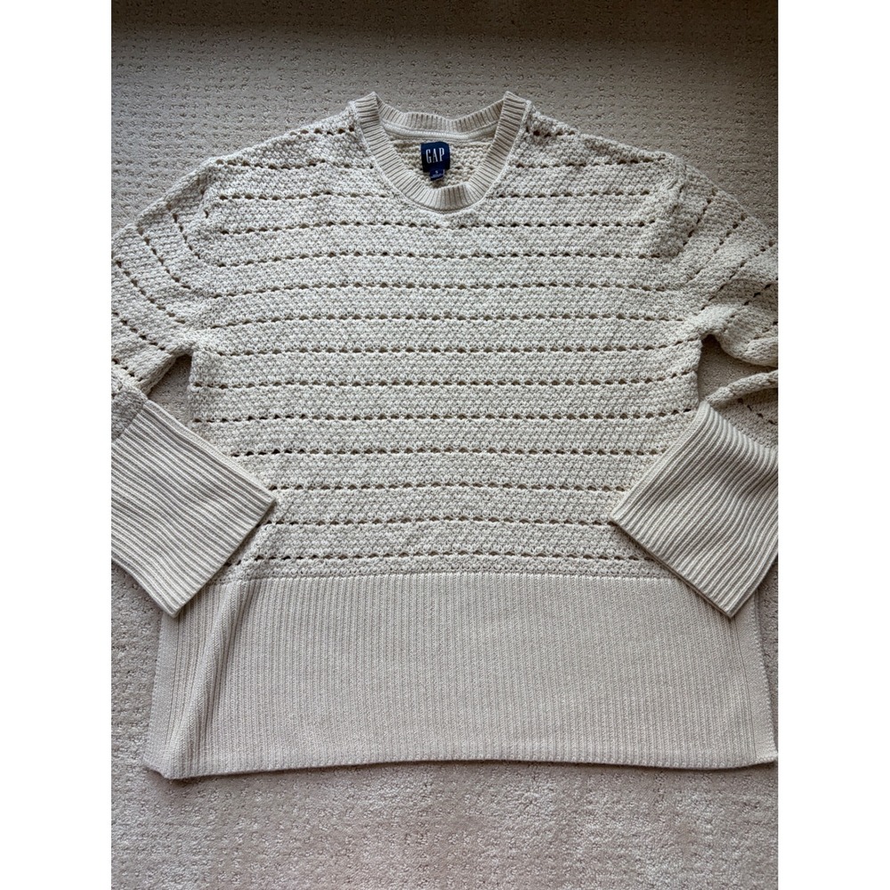 Sweater S Cream 100% Cotton Open Knit Crochet Coastal Grandmother  Fisherman